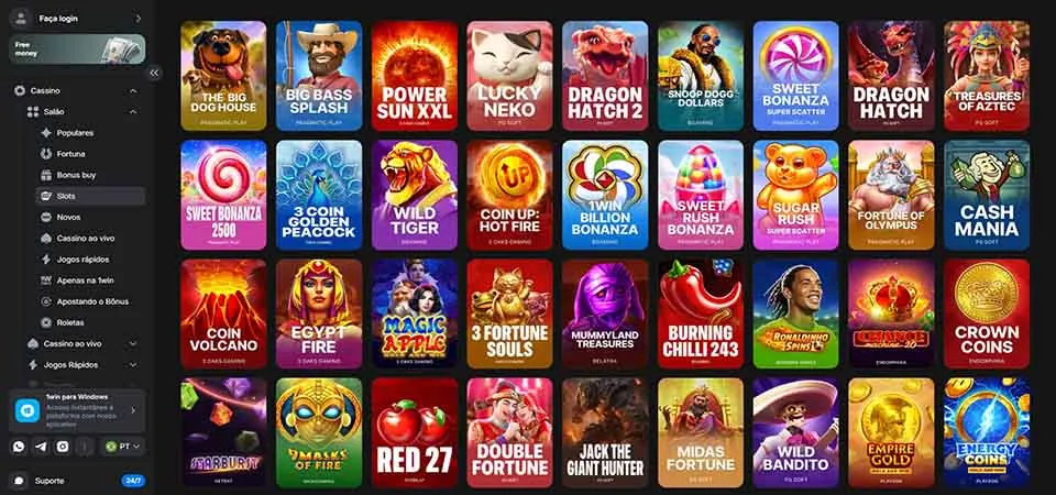 Lobby de slots do cassino 1win exibindo grade com títulos de caça-níqueis.